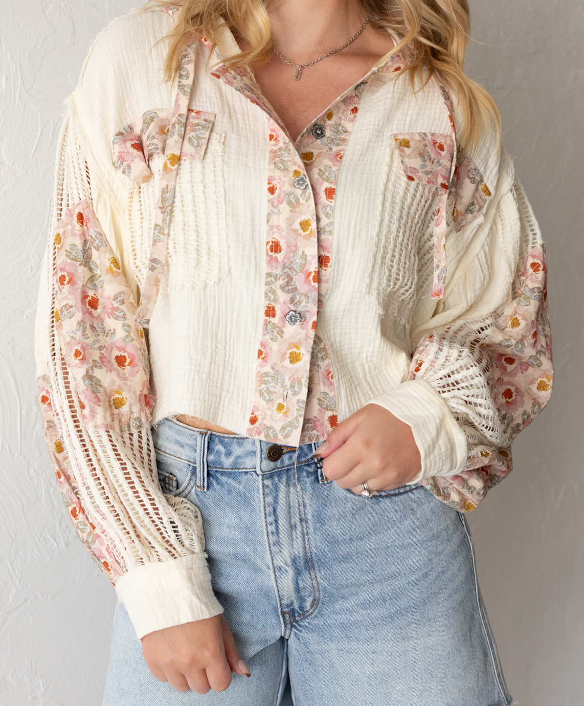 Placket Jacket Cropped Fit Floral Pattern