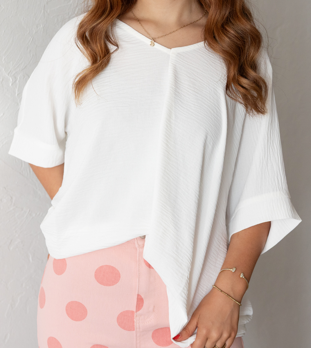 White Airflow V-Neck High Low Top
