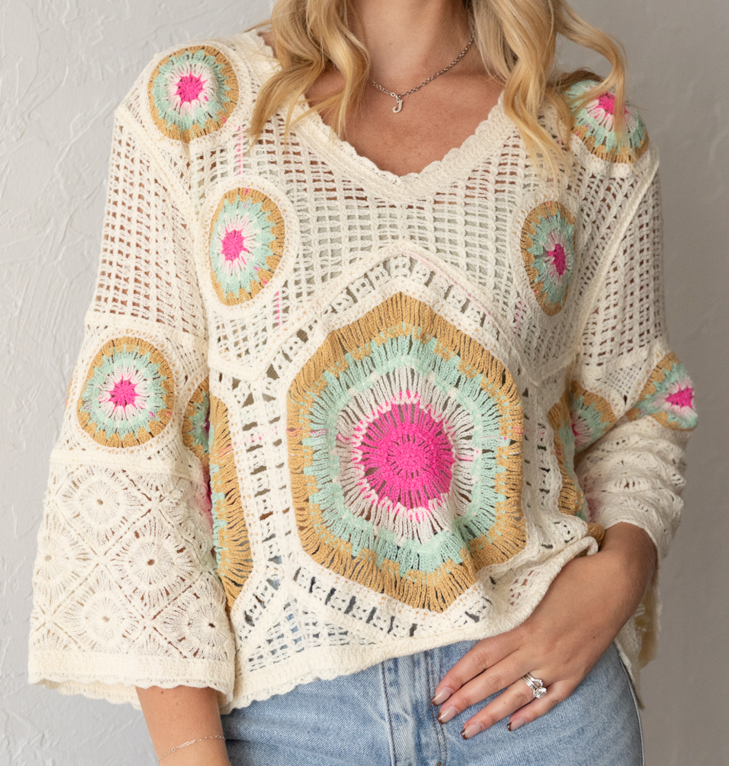 Open Weave Crochet Pullover Multi Color