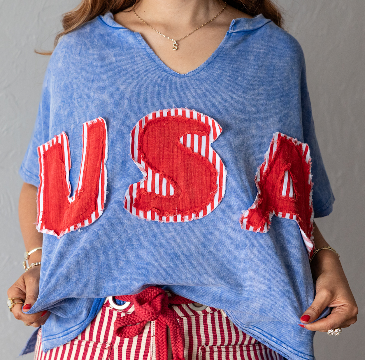 Mineral Washed USA Patch Knit Top Blue
