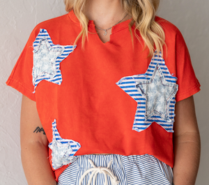 Mineral Washed Star Patch Knit Top Red