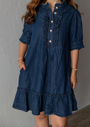 Relaxed Fit Denim Dress With Pearl Buttons