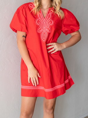Tomato Red Dress With Pink Embroidery Neckline