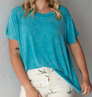 Washed Ribbed Short Sleeve Boat Neck Top Teal