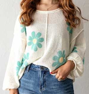 Thin Ivory Sweater Rolling Edge Teal Flowers POL