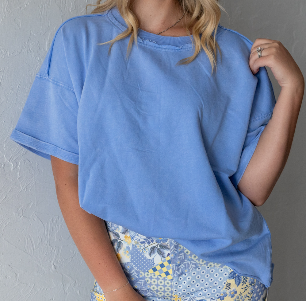 French Terry Acid Washed Tee Shirts Cornflower