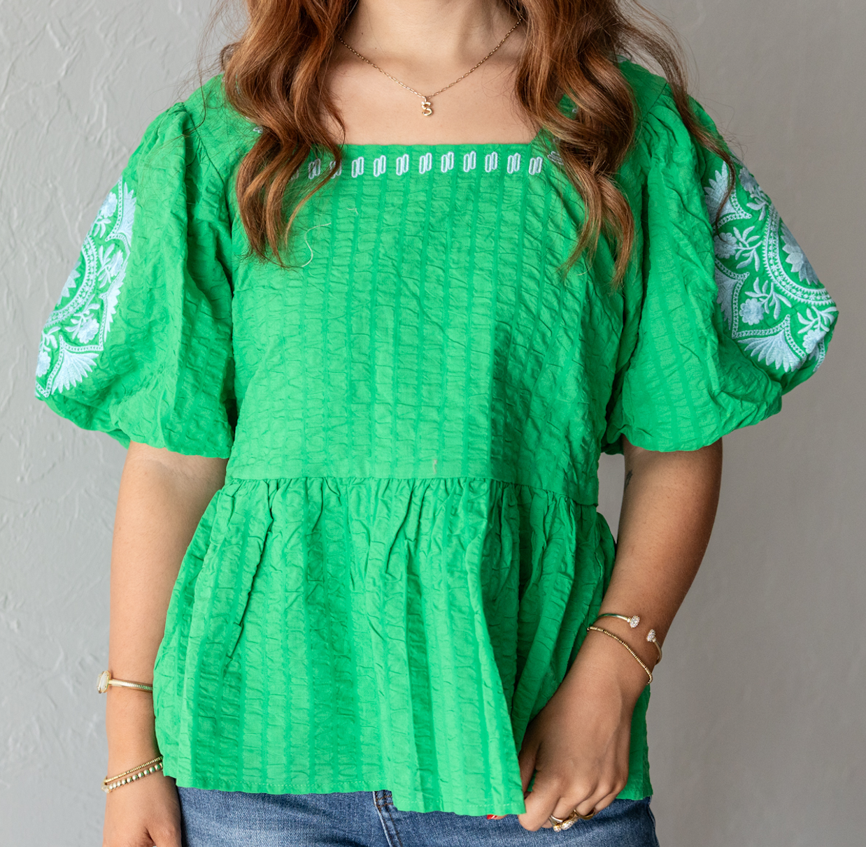 Green Square Neck Puff Sleeve Top