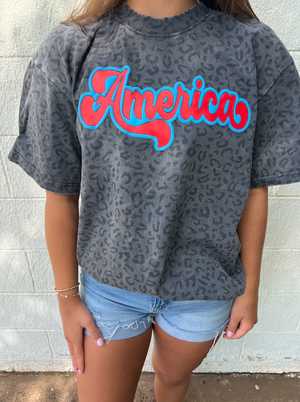 America Black Leopard Graphic Tee