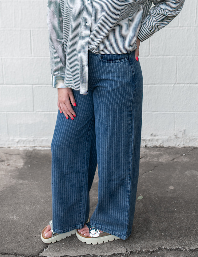 Stripe Washed Denim Waist Tie Strap Jeans