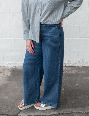 Stripe Washed Denim Waist Tie Strap Jeans