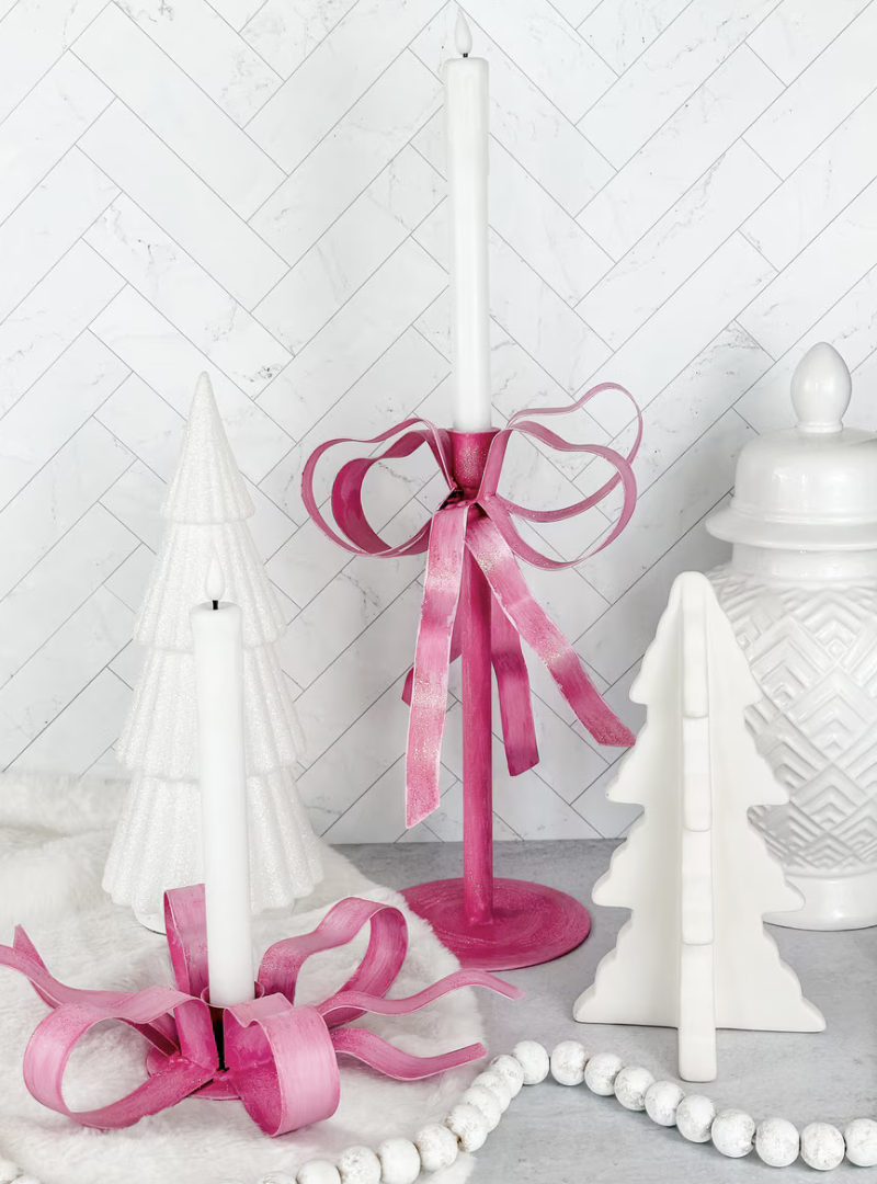 Pink Fanciful Ribbon Taper Candle Holder Tall