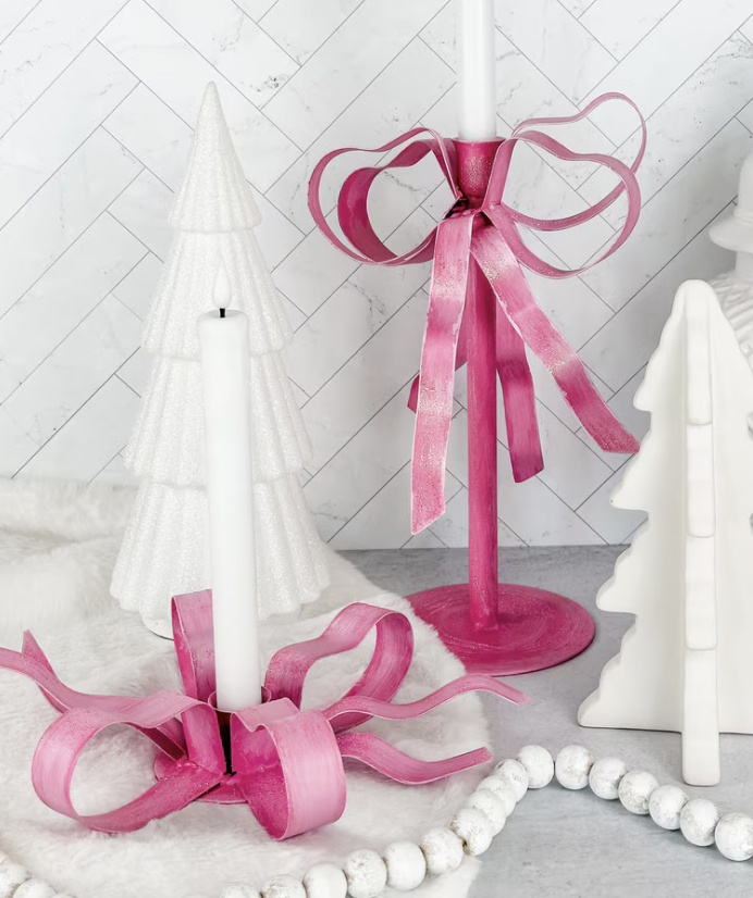 Pink Fanciful Ribbon Taper Candle Holder Small