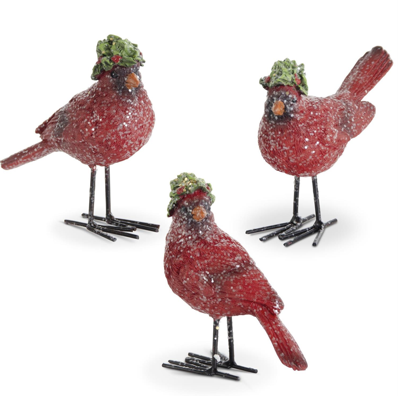 Glittered Resin Cardinals With Holly Hats & Metal Legs