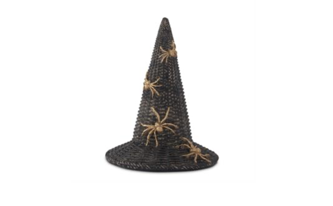 9" Black Resin Woven Witch Hat With Gold Spiders