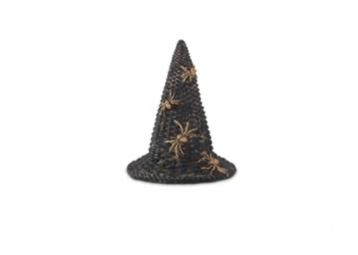 5" Black Resin Woven Witch Hat With Gold Spiders