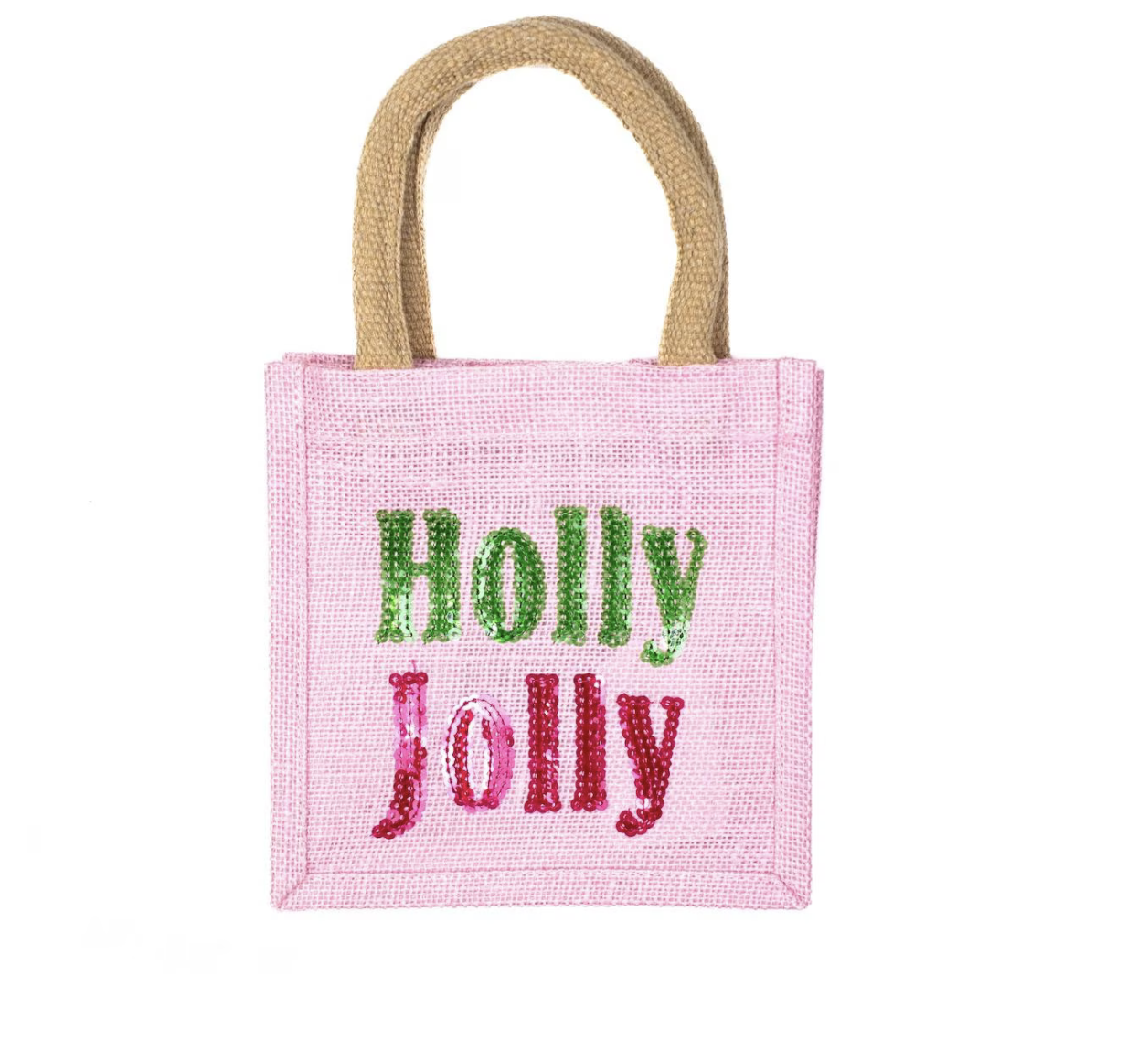 Holly Jolly Sequin Petite Gift Tote Pink/Green 7x7x5
