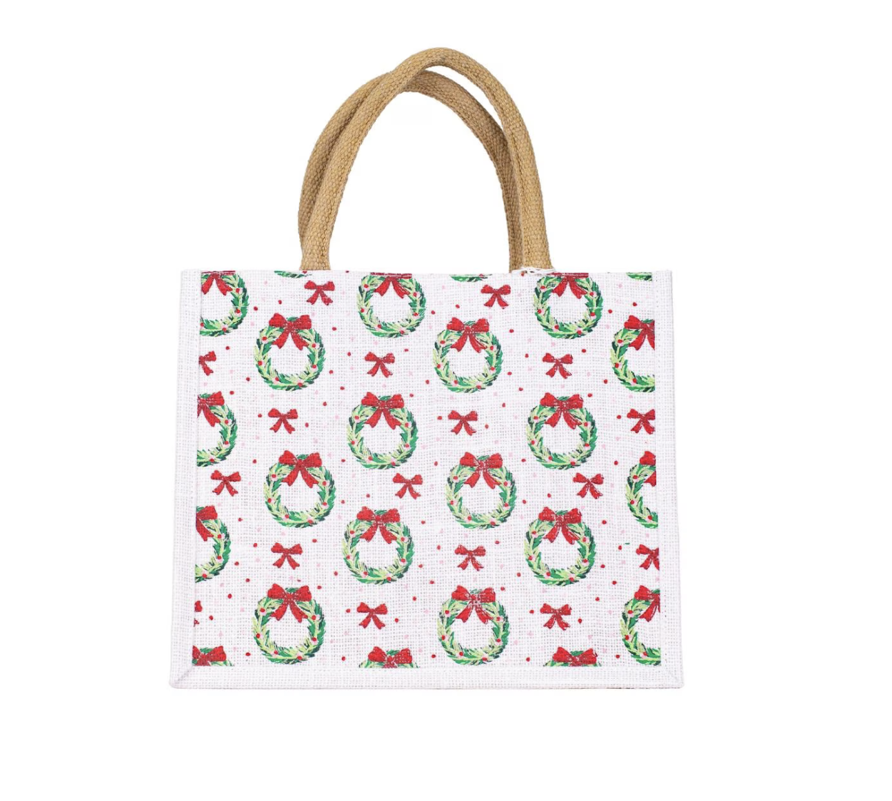Clara Wreath Gift Tote White Green Red 12x10x8