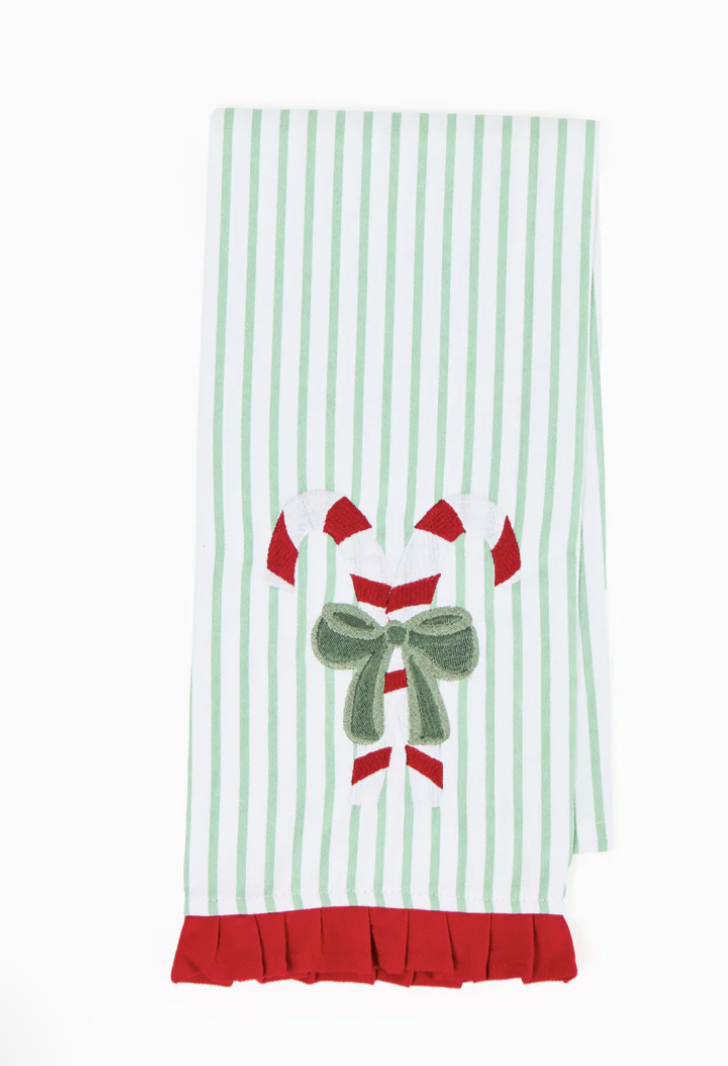 Embroidered Candy Cane Tea Towel