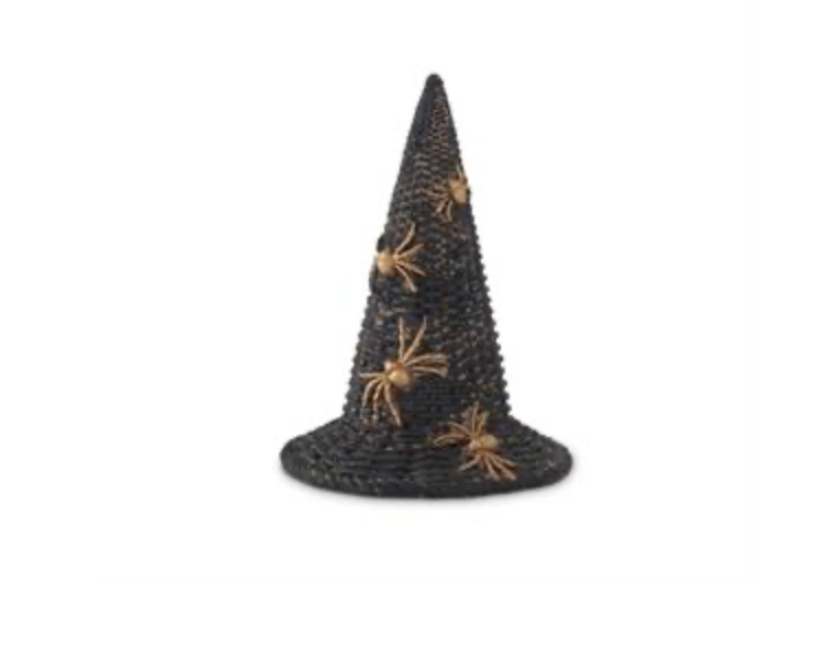 7" Black Resin Woven Witch Hat With Gold Spiders