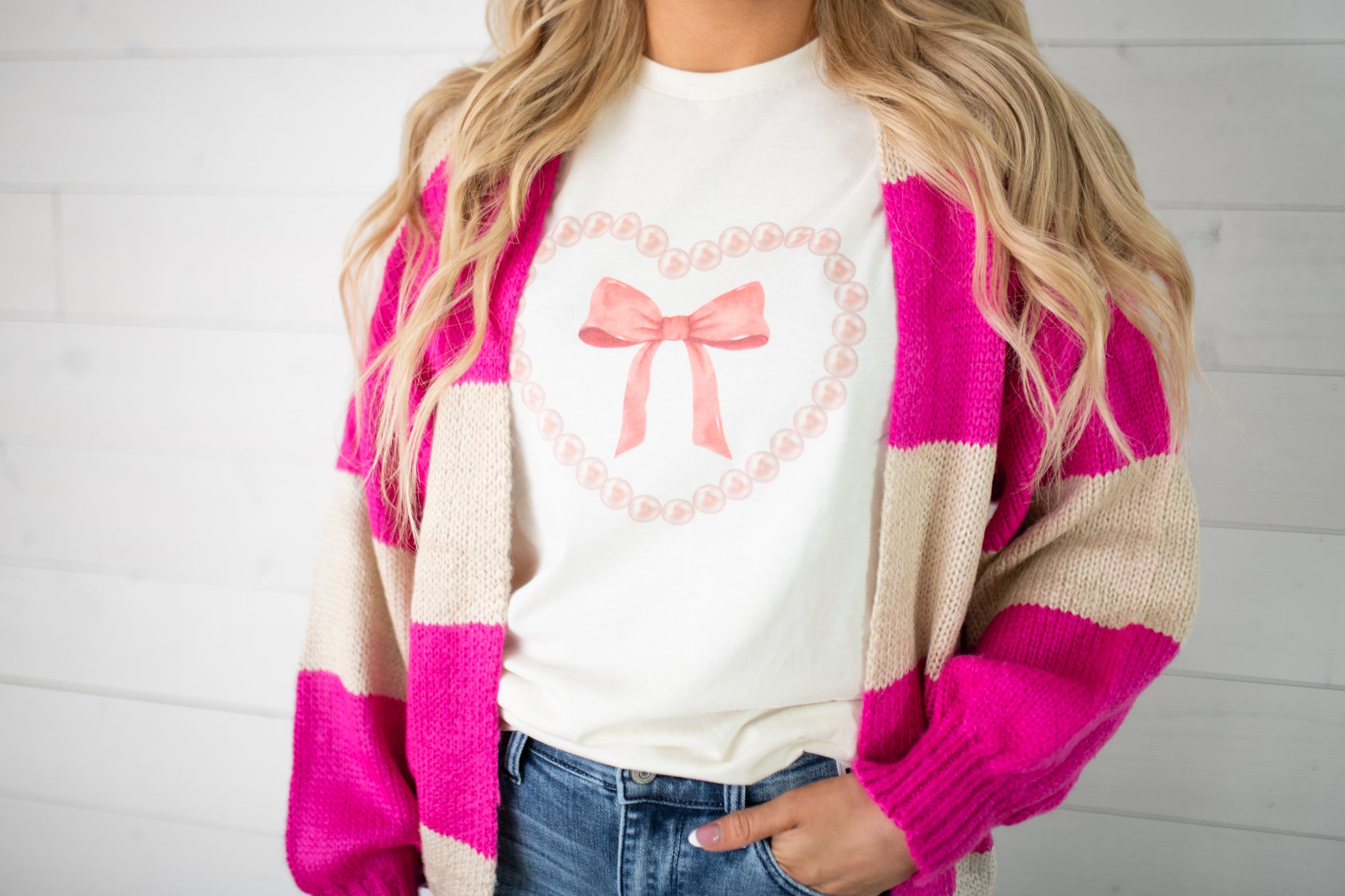 Coquette Pink Bow with Heart Graphic Tee-Ivory