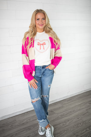 Coquette Pink Bow with Heart Graphic Tee-Ivory