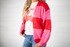 Pink & Red Striped Short Cardigan