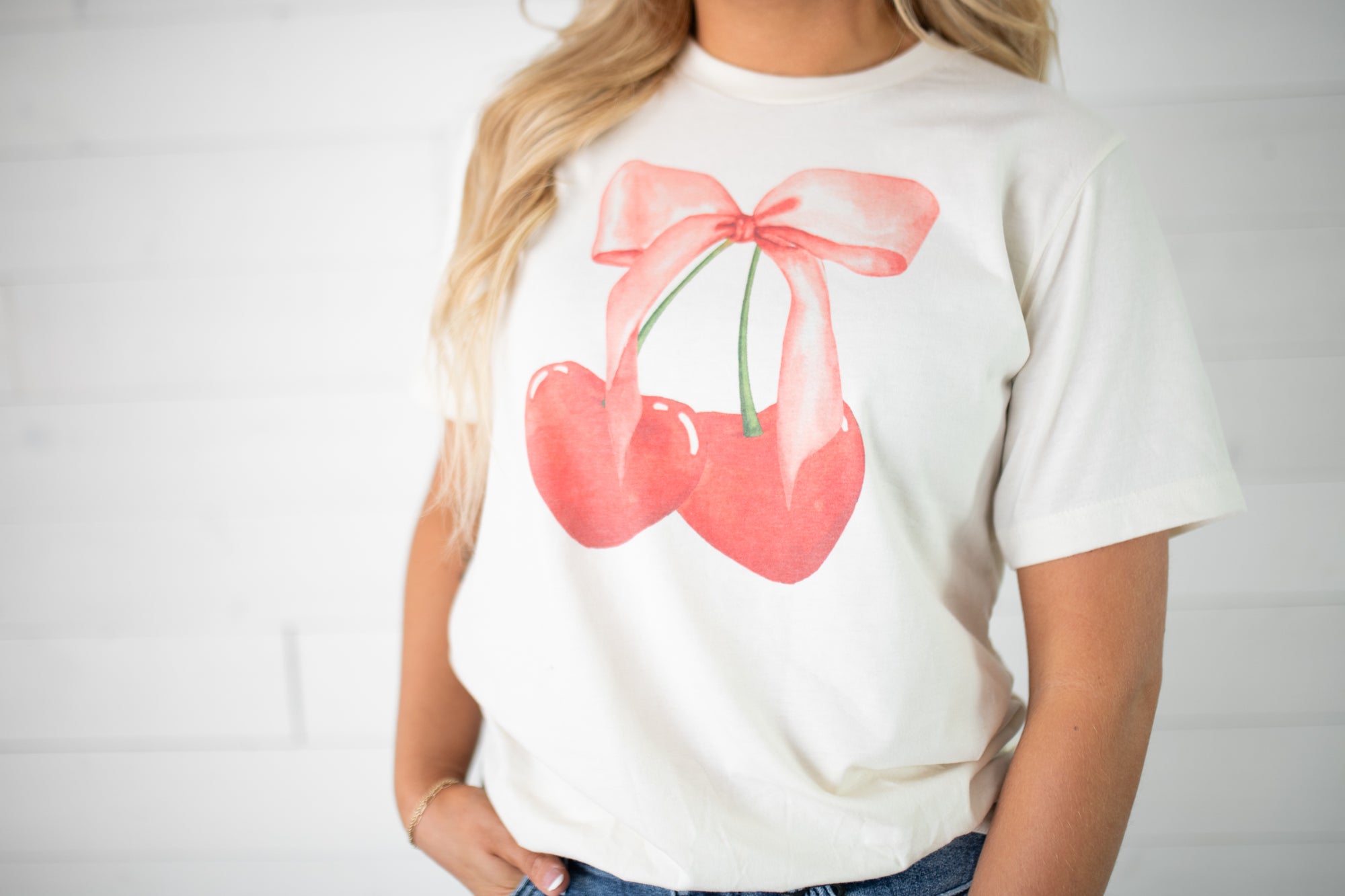 Bow with Cherries Graphic Tee-Ivory