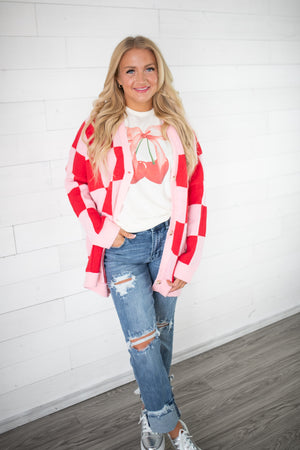 Turquoise Haven Red & Pink Checkered Cardigan