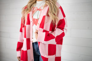 Turquoise Haven Red & Pink Checkered Cardigan