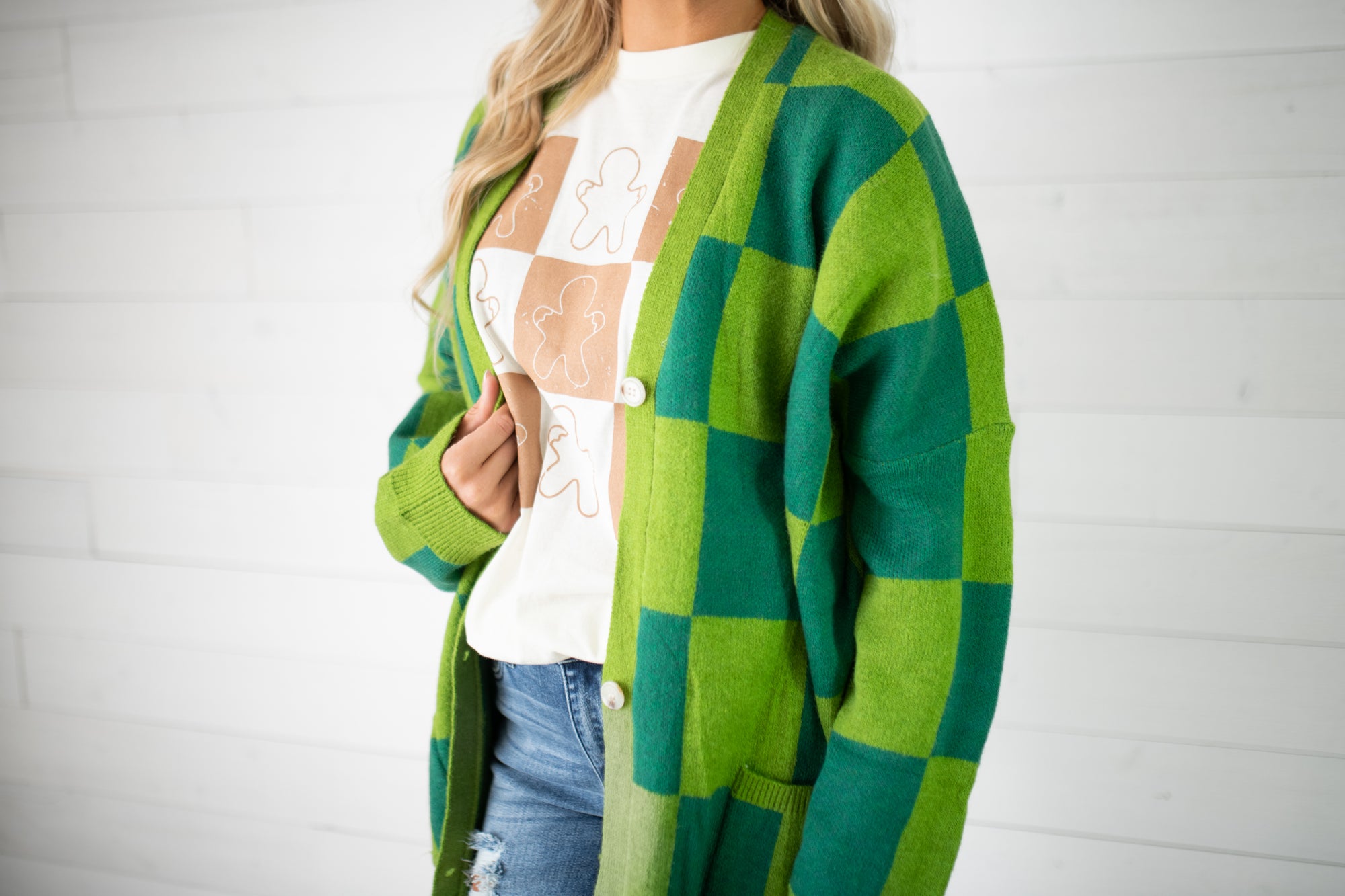 Turquoise Haven Green Checkered Cardigan