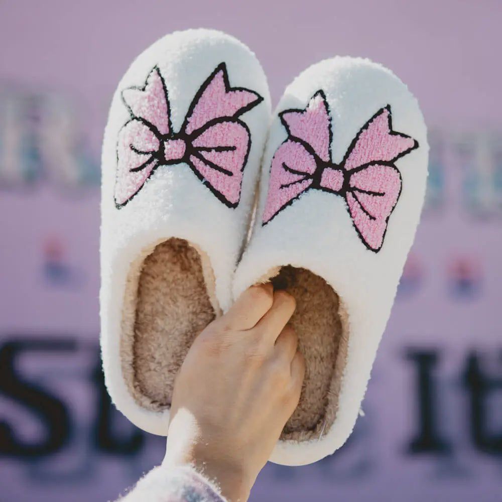 Light Pink Coquette Bow Fuzzy Slippers-L/XL