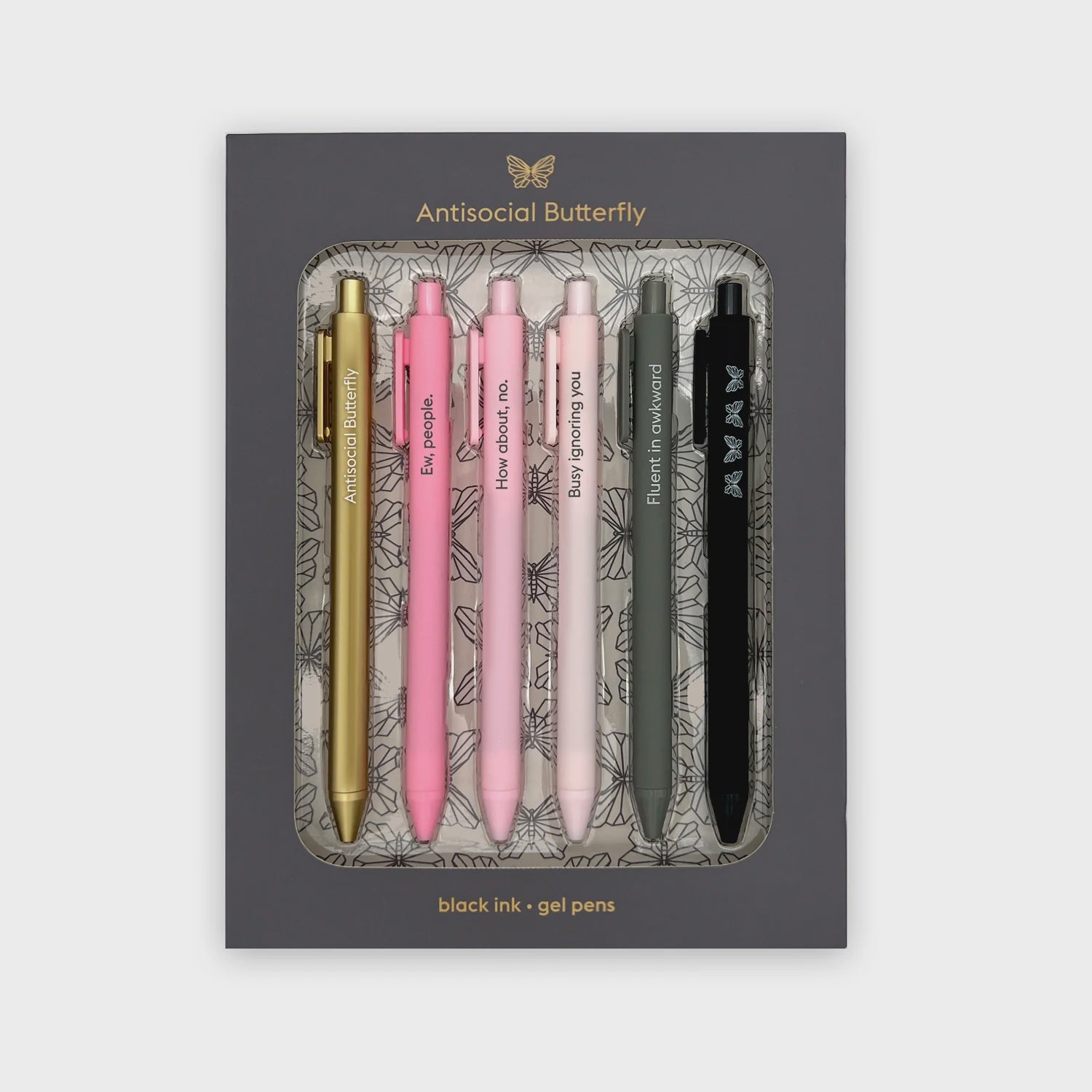 Antisocial Butterfly Black Ink Gel Pens 6pk