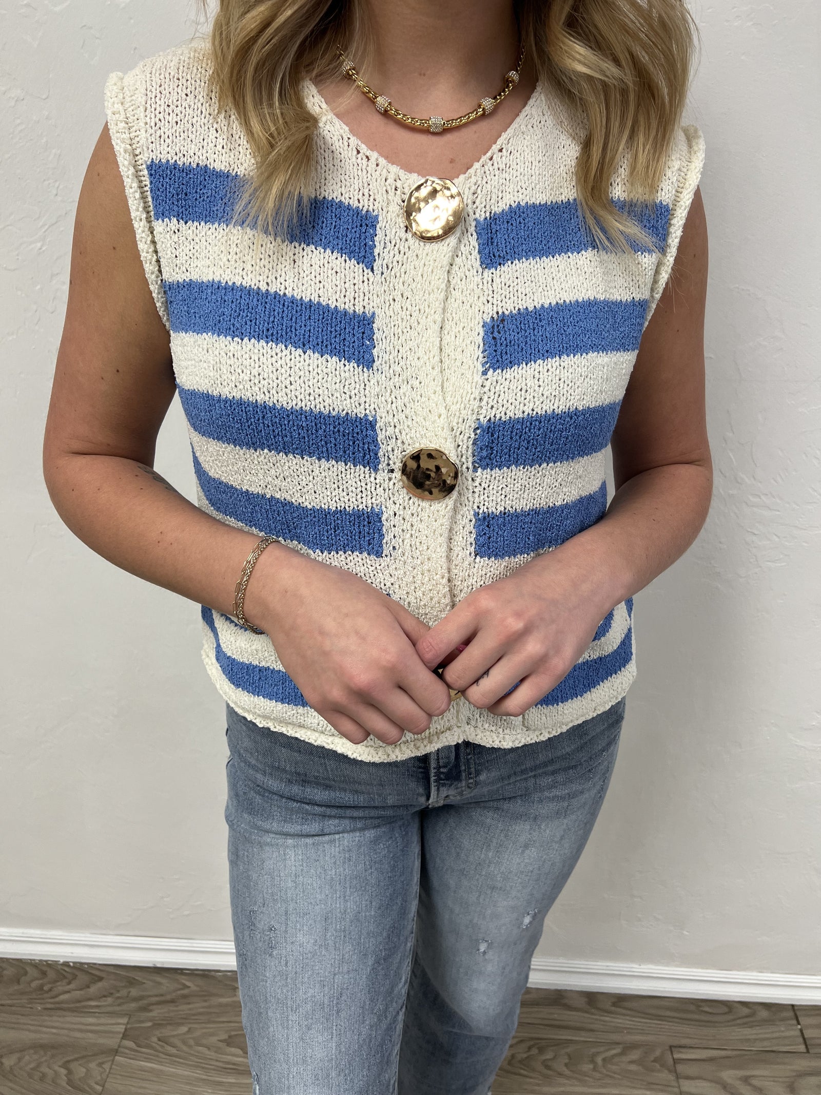Coastal Stripe Knit Sweater Vest - Blue