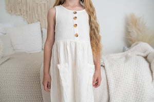 Girl's Sleeveless Buttoned Textured Mini Dress