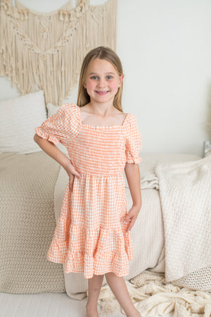 Girl's Smocked Puff Sleeve Peach Gingham Dress