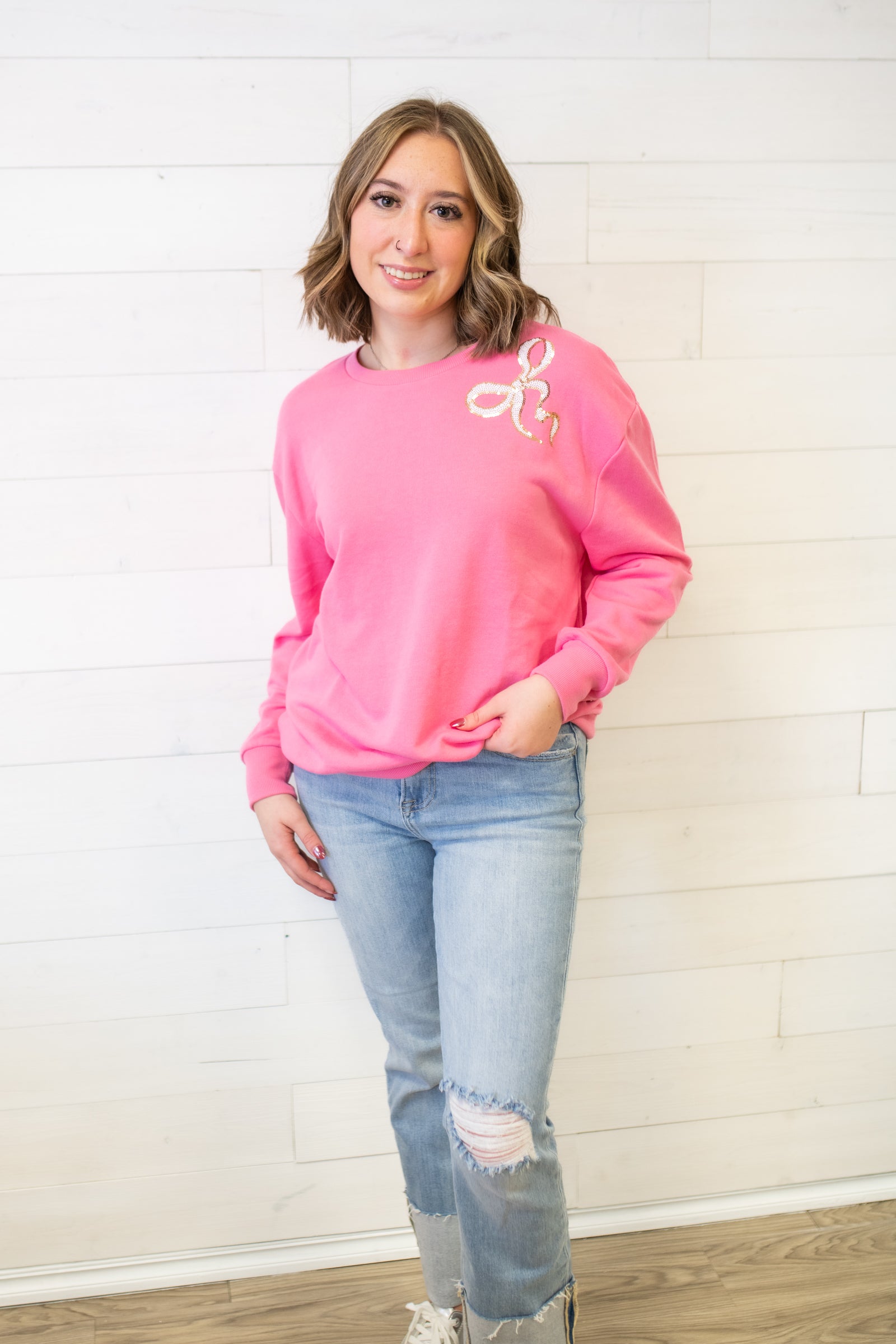 The Royal Standard Bow Sequin Sweatshirt-Pink, Gold & White