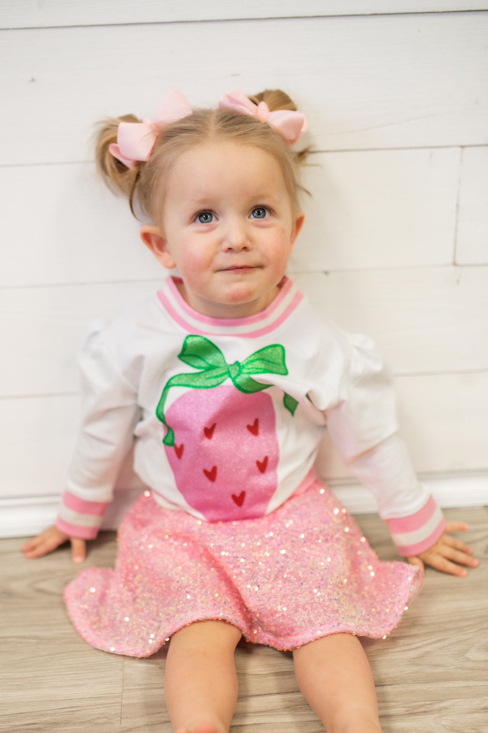 Glitter Strawberry Heart White Holly LS Top