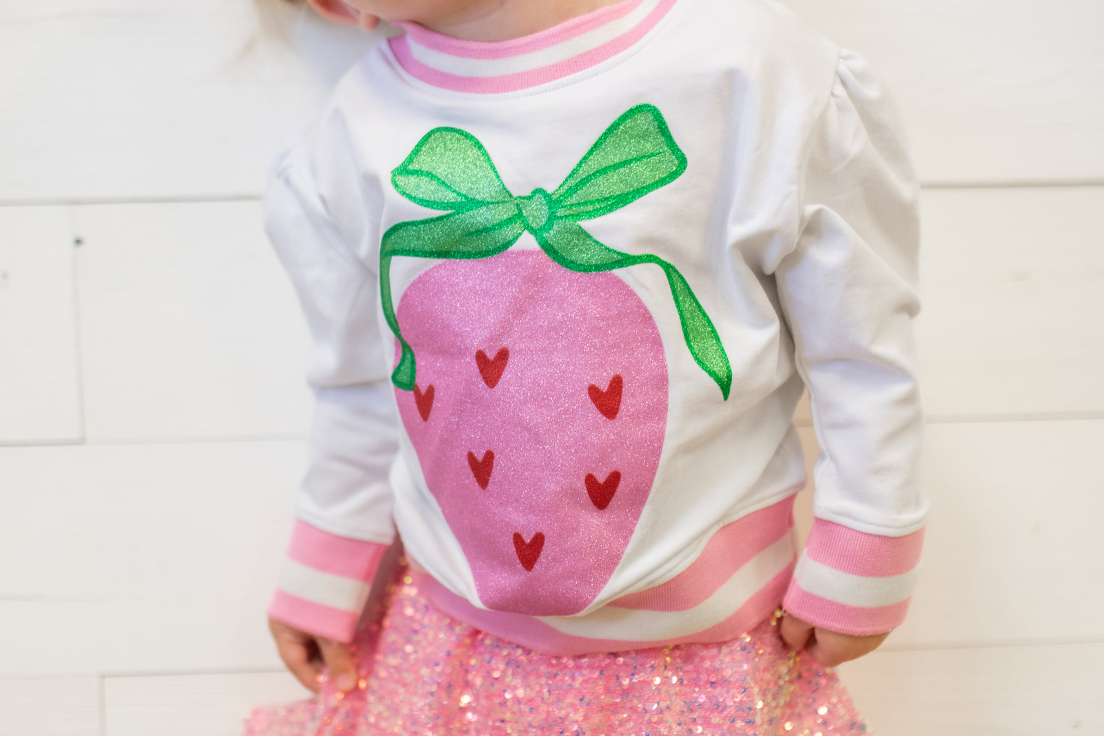 Glitter Strawberry Heart White Holly LS Top