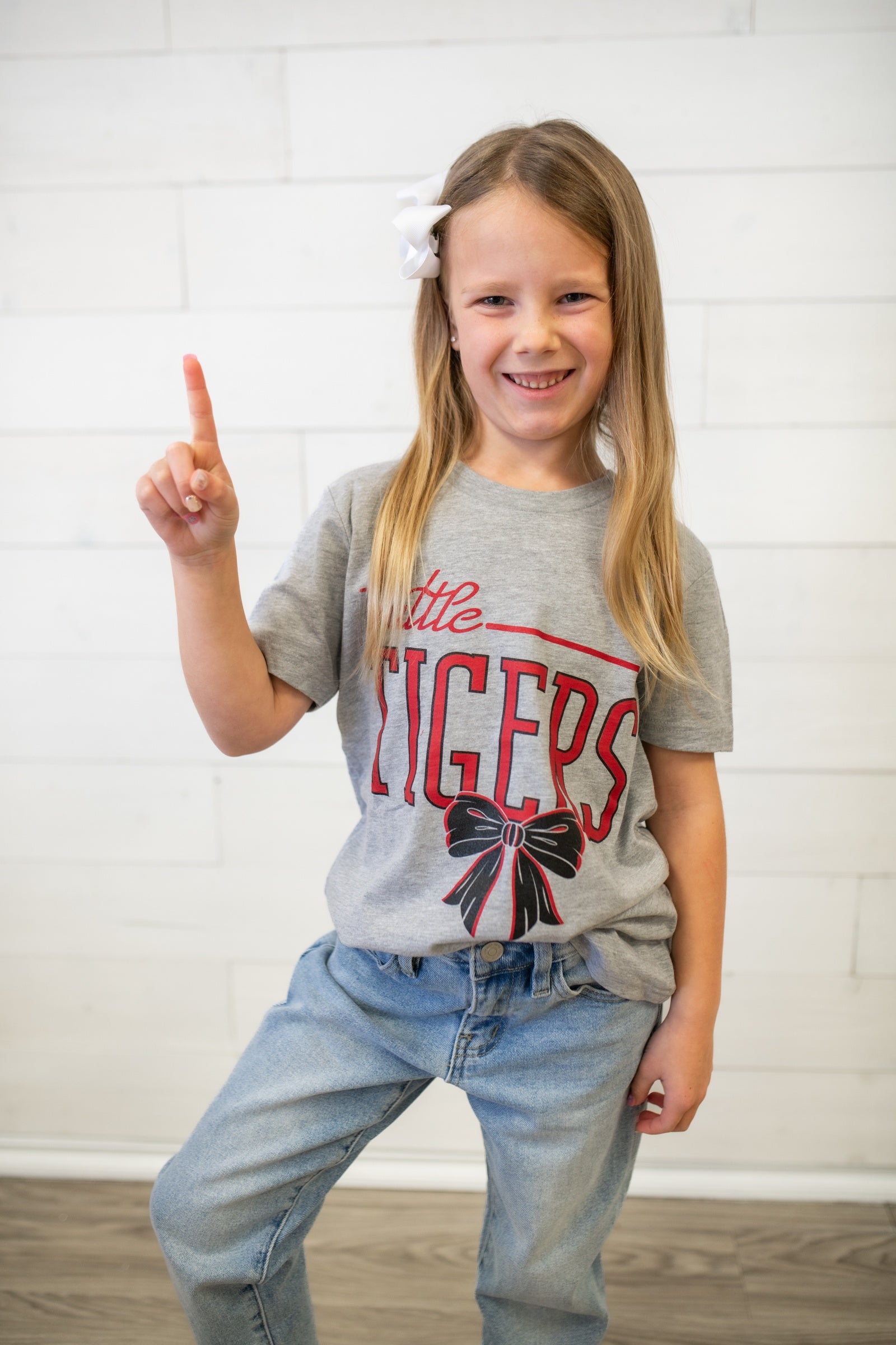 Youth Tuttle Tigers with a Bow Graphic Tee-Grey