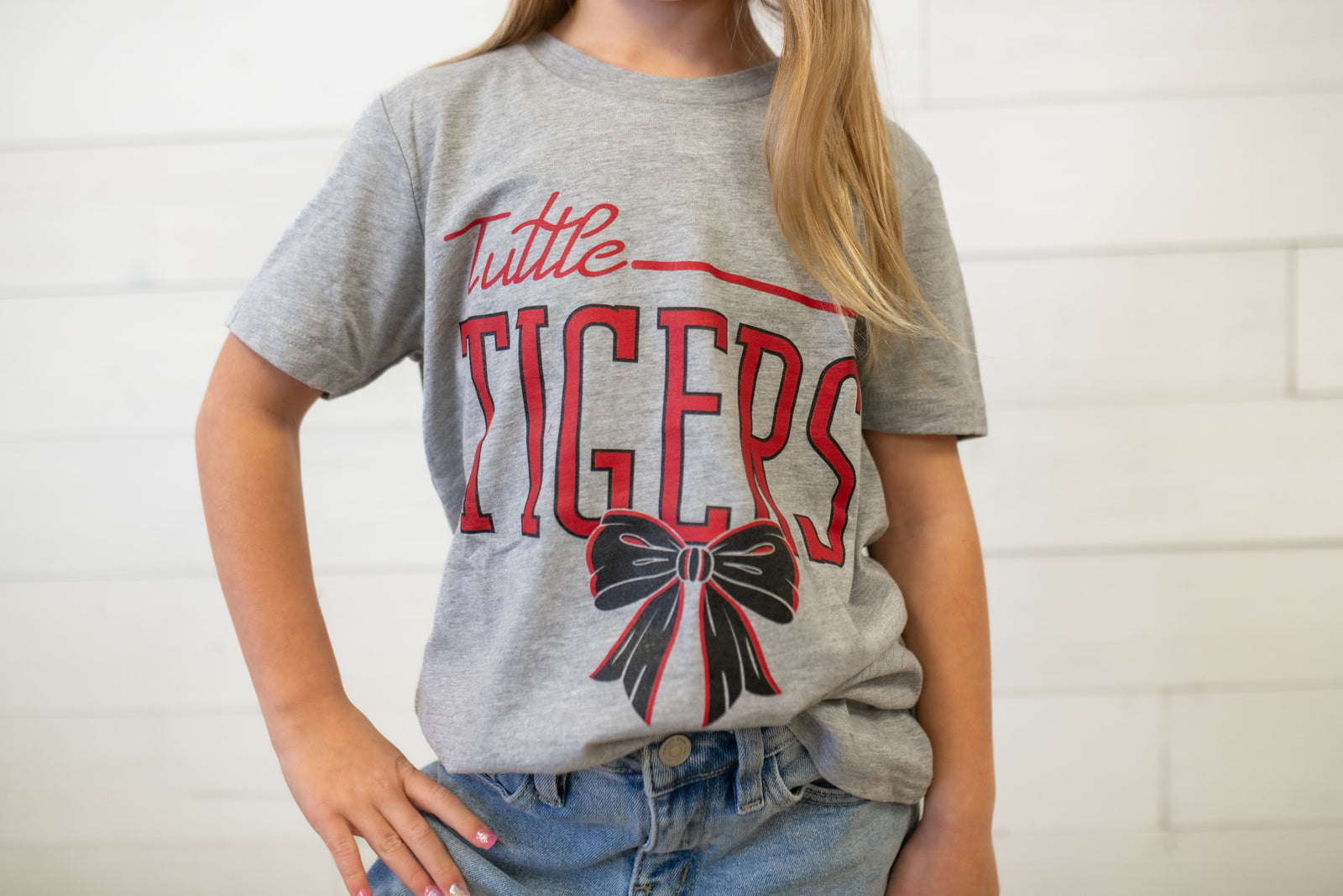 Youth Tuttle Tigers with a Bow Graphic Tee-Grey