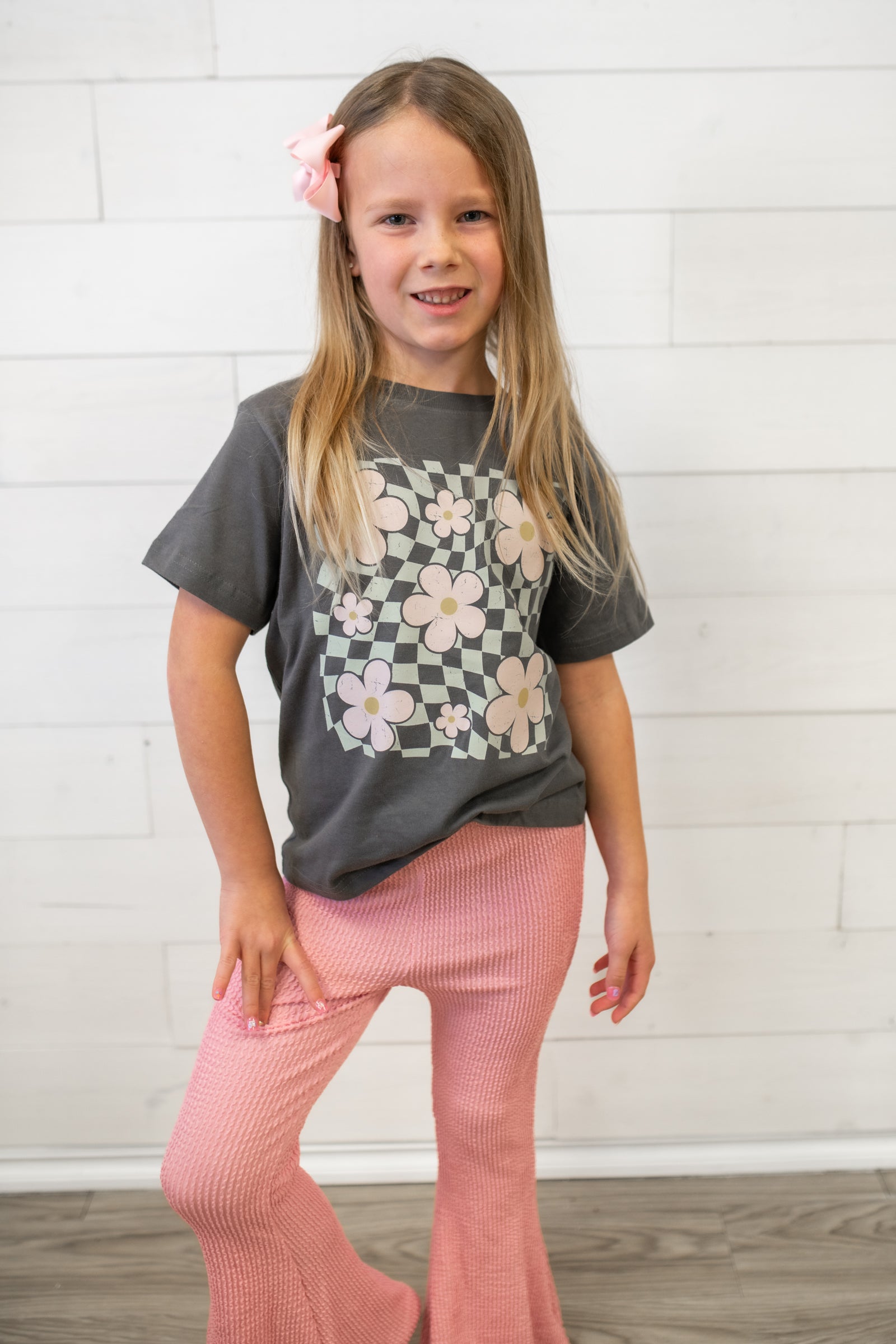 Girls Checkered Flower Graphic Tee-Grey