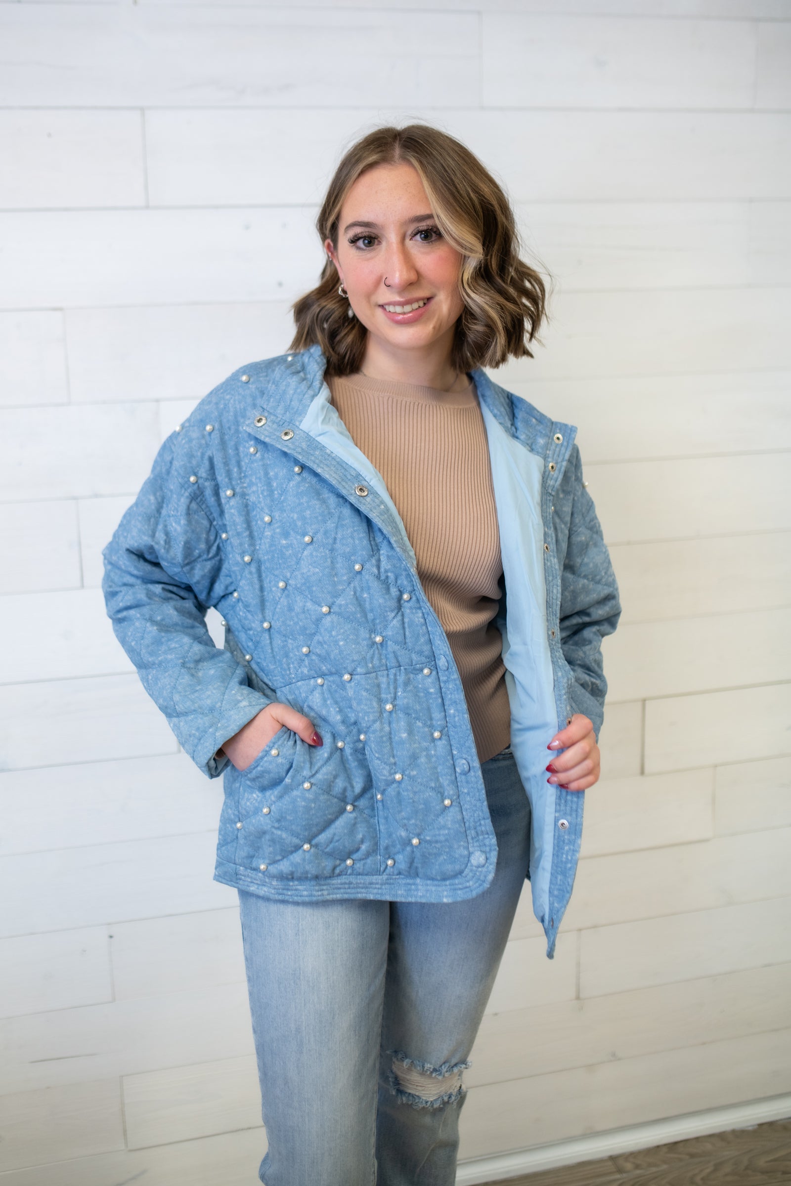 J.nna Quilted Pearl Beaded Jacket-Uranian Blue