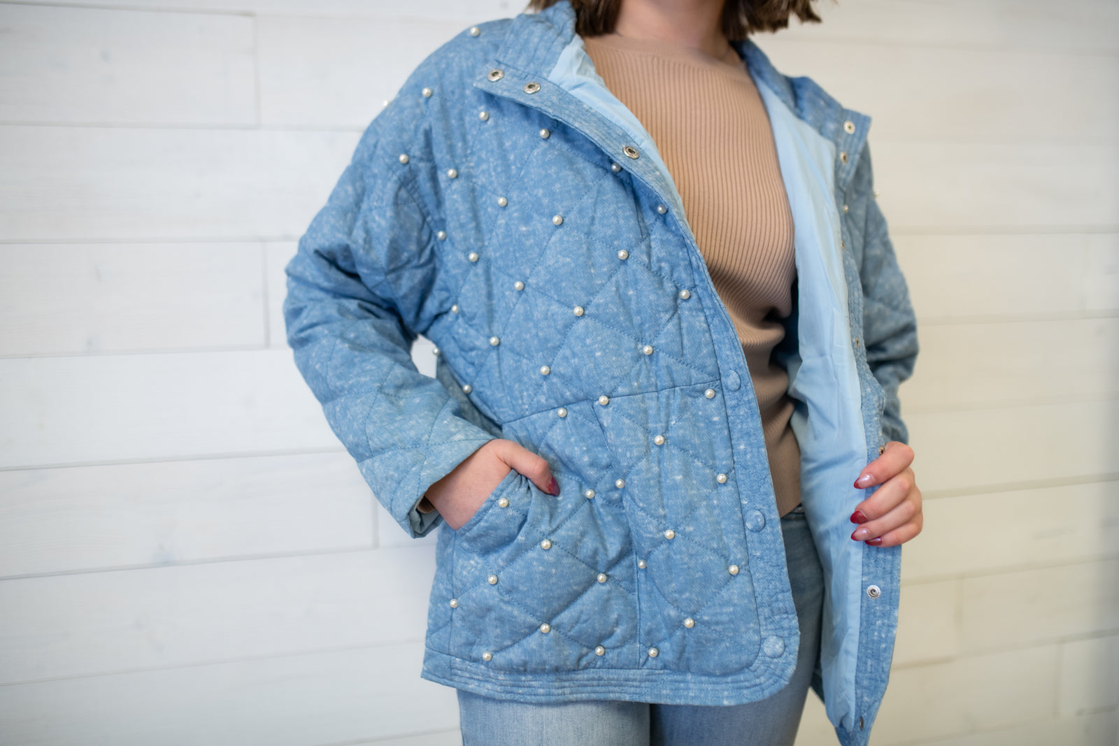 J.nna Quilted Pearl Beaded Jacket-Uranian Blue