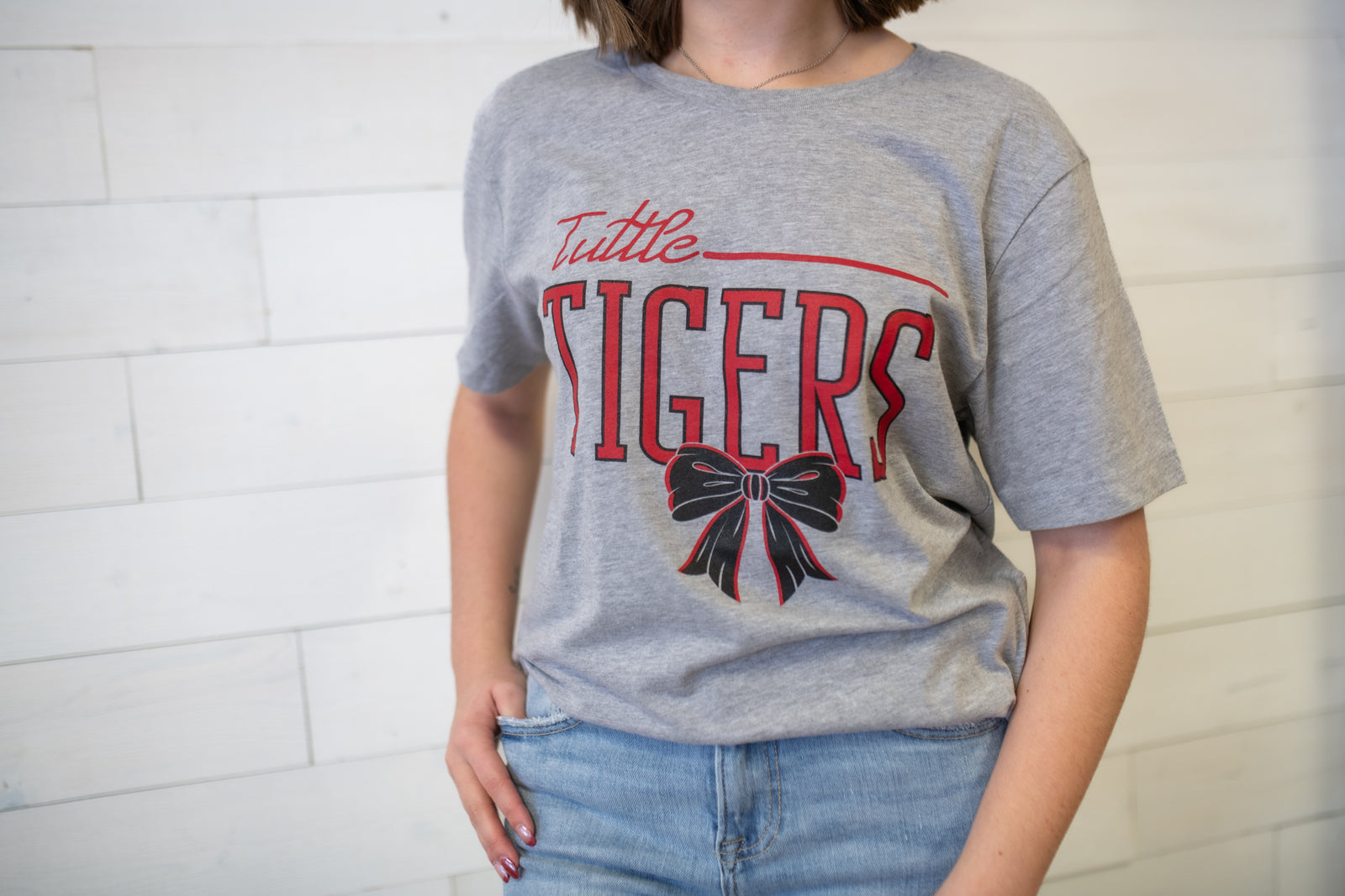 Tuttle Tigers with a Bow Graphic Tee-Grey