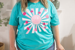 Teal OK Smiley Tee with Flowers