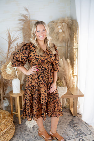 Camel Brown Leopard v-Neckline Tiered Ruffle Dress
