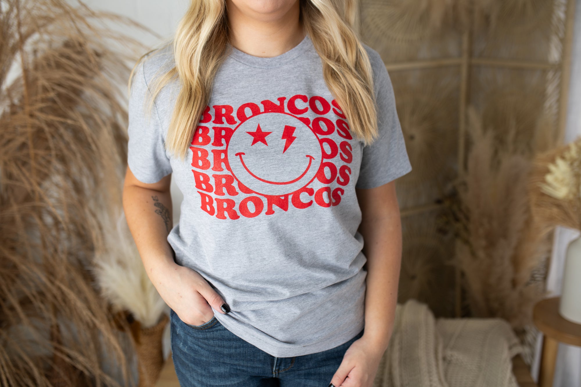 Mustang Broncos Smiley Face Graphic Tee