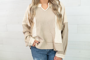 POL V-Neck LS Beige Multi Top