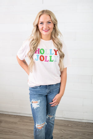 The Royal Standard Holly Jolly Glitter Crew Neck T-Shirt-Pink bht