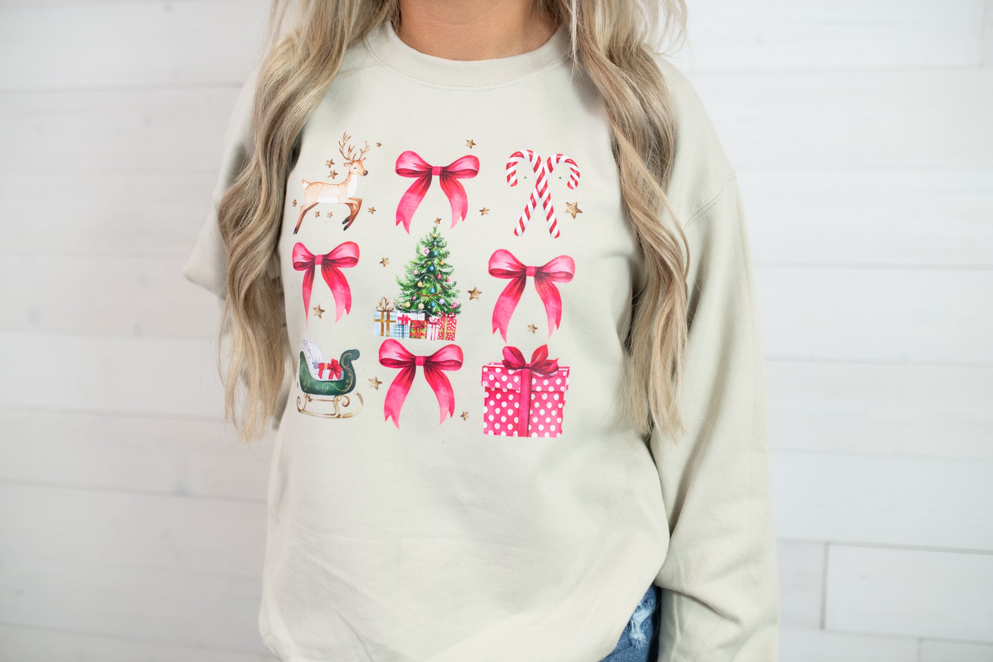 Ali Dee Red Christmas Bows Sweatshirt-Tan